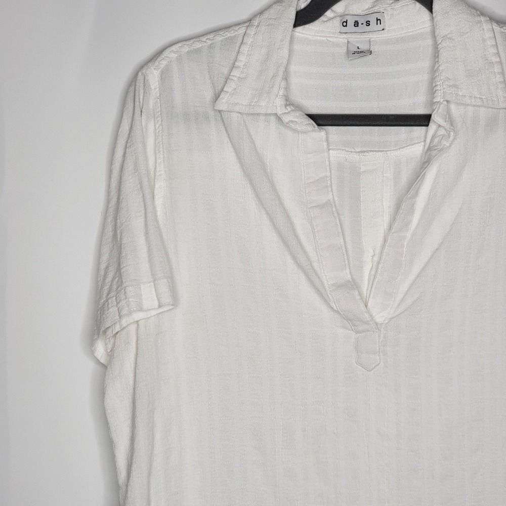 Dash Top Blouse L White Cotton Rayon Button Back Pull Over Vneck Boho Minimalist - Picture 4 of 9